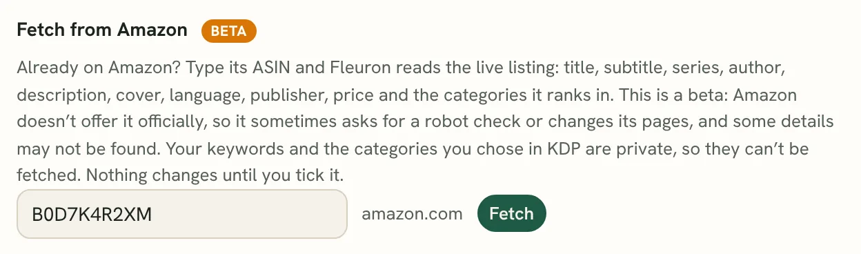 the Fetch from Amazon section on the Publishing tab, with an ASIN typed in