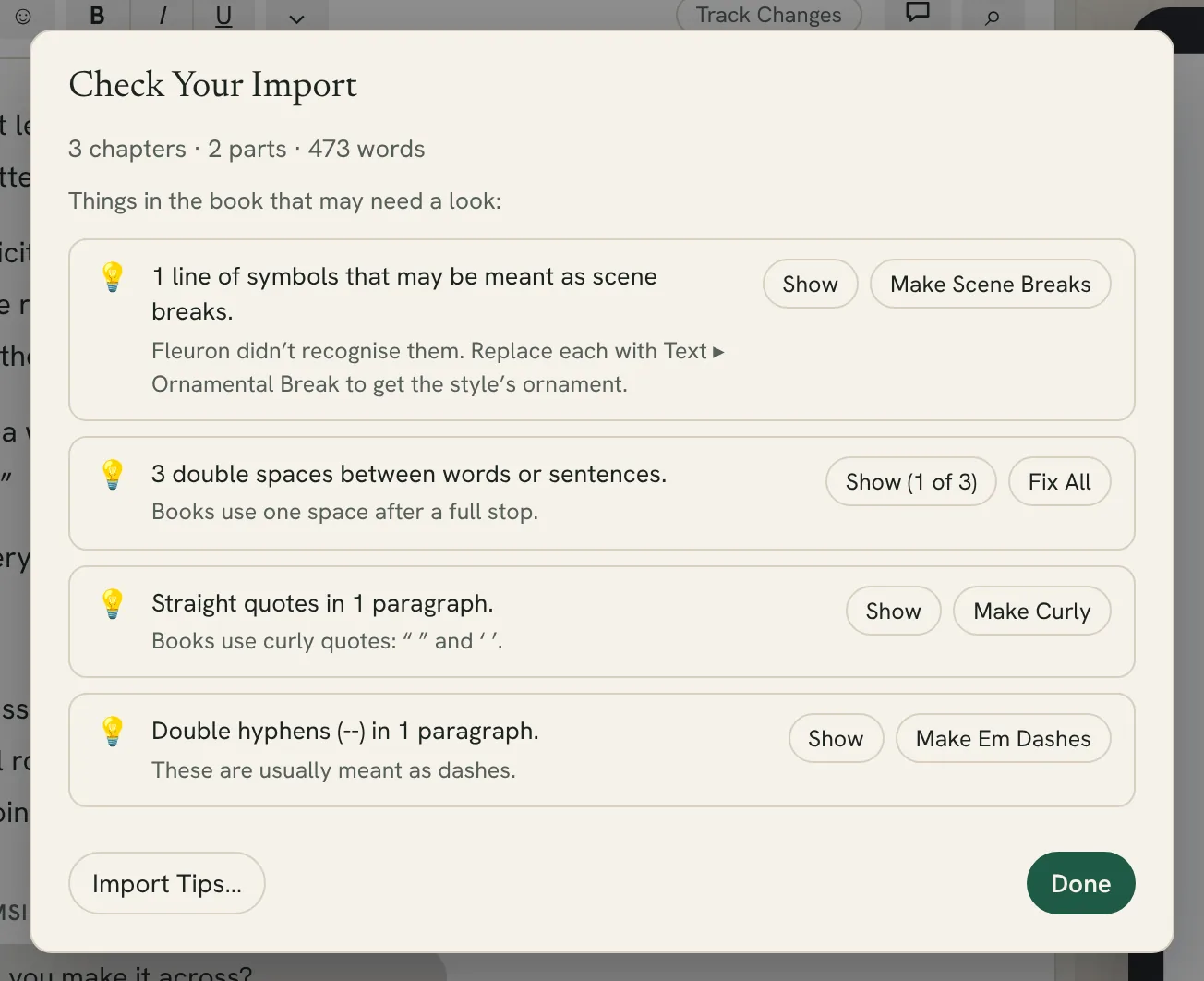 the Check Your Import window with a few findings