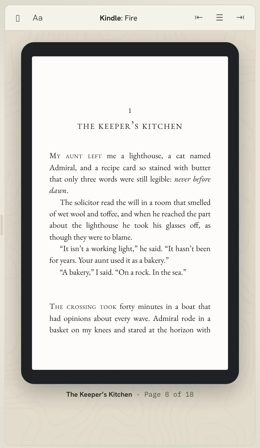 the preview showing a chapter opening on the Kindle Fire tablet