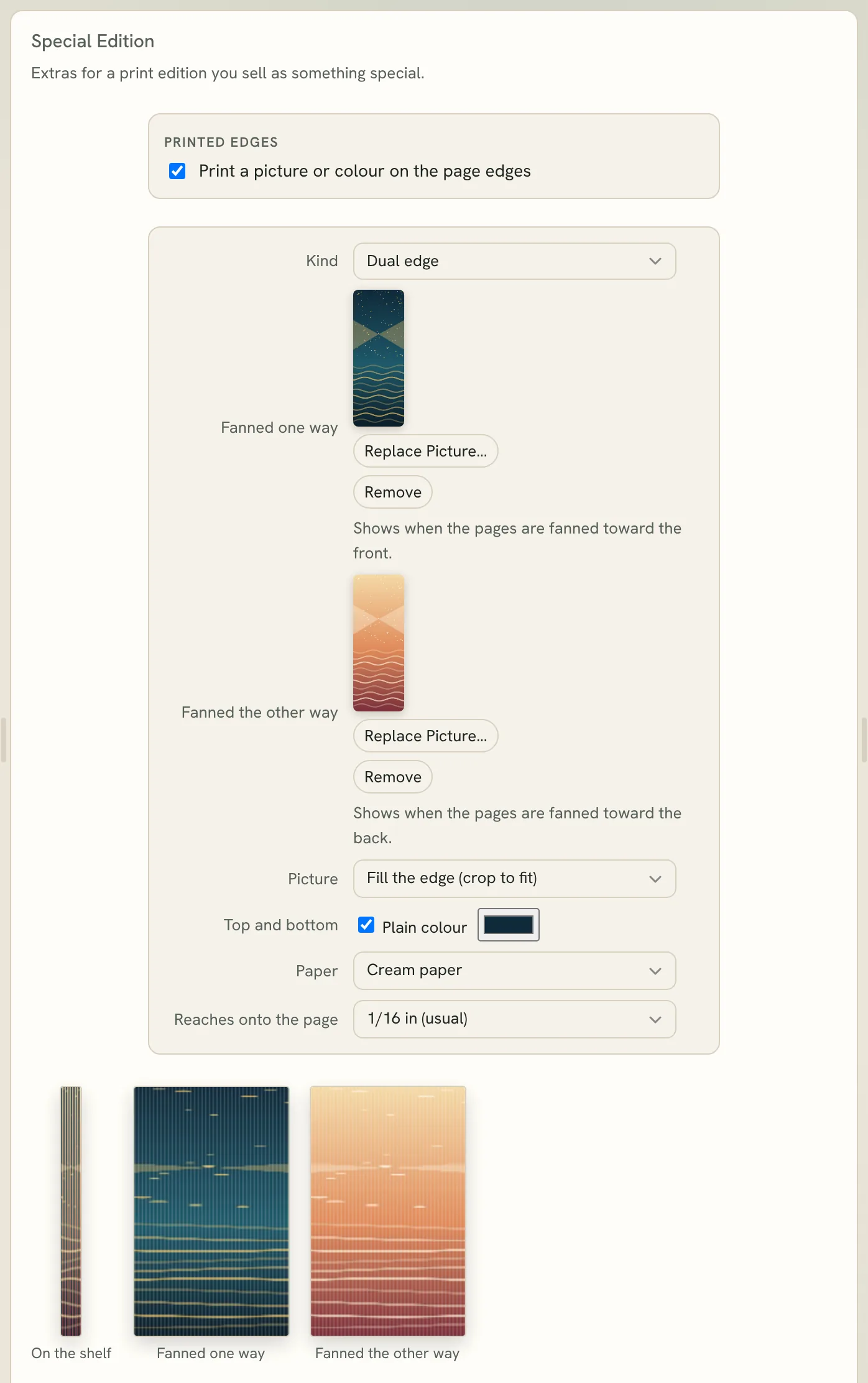 the Special Edition settings with the On the shelf and fanned previews