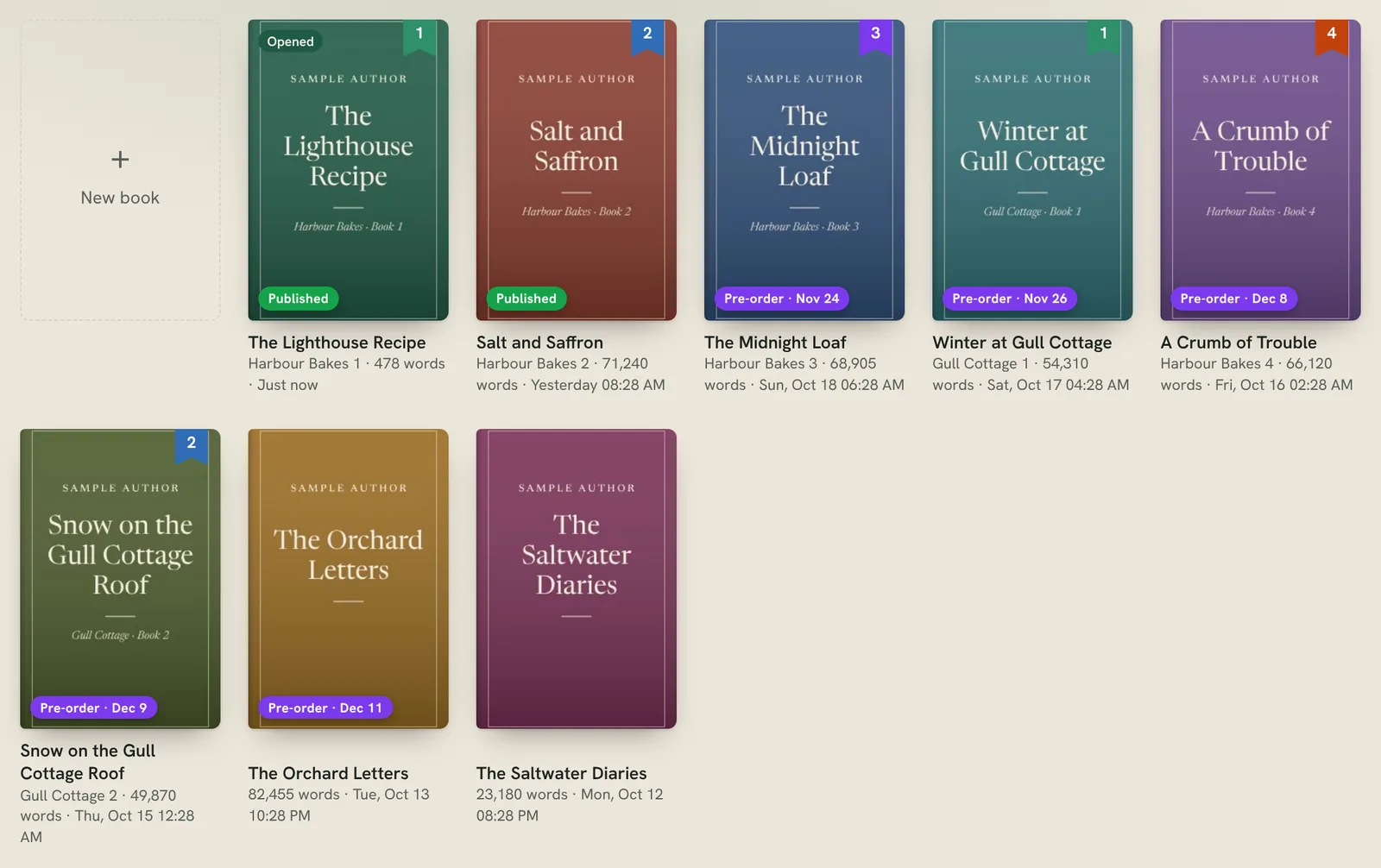 book covers in the Library with Pre-order and Published tags