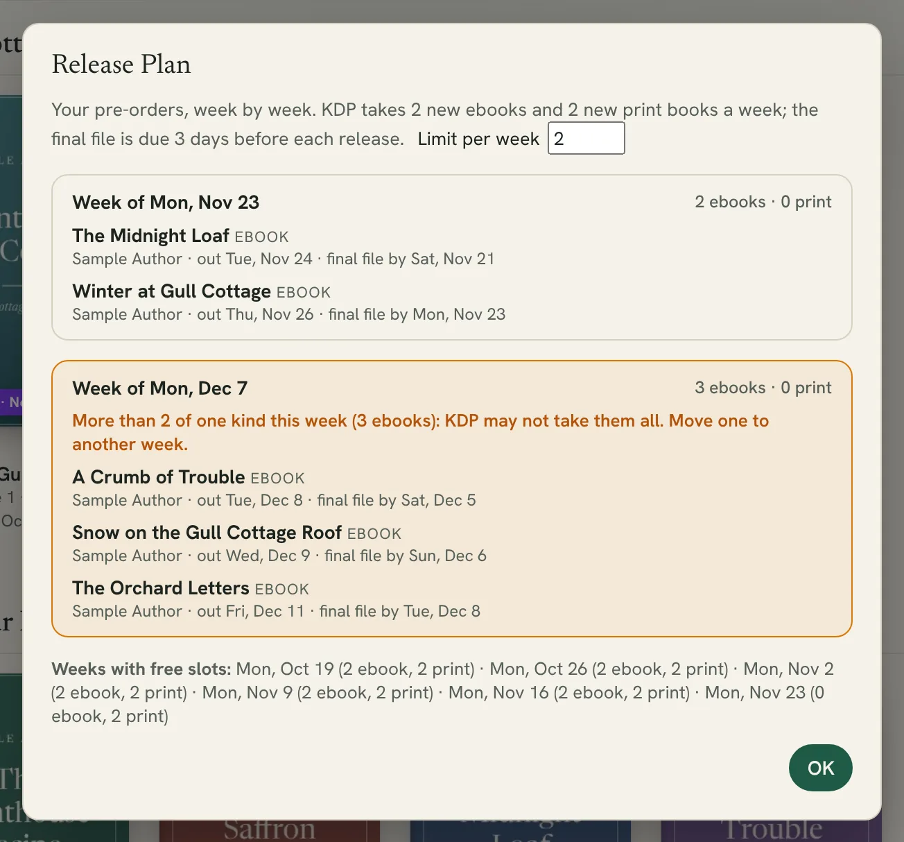 the Release Plan with two weeks, one showing a warning