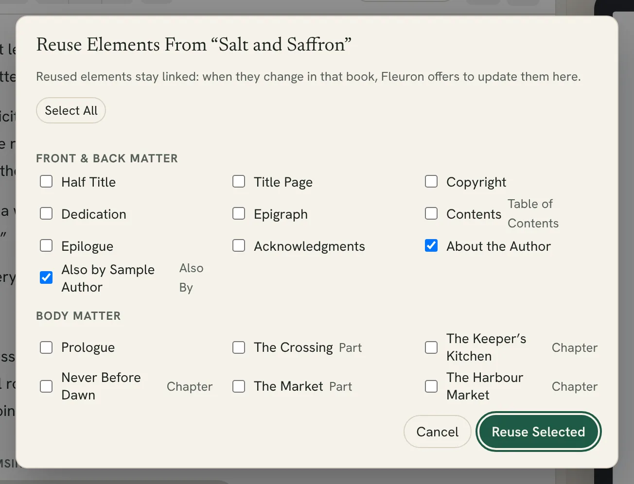 the Reuse Elements From window with About the Author ticked