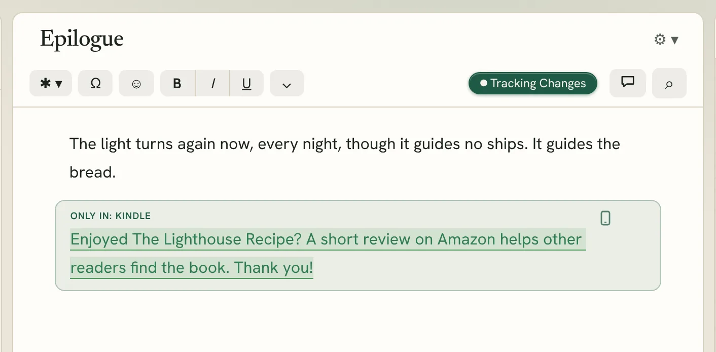 a paragraph in the editor marked "Only in: kindle", in its tinted box