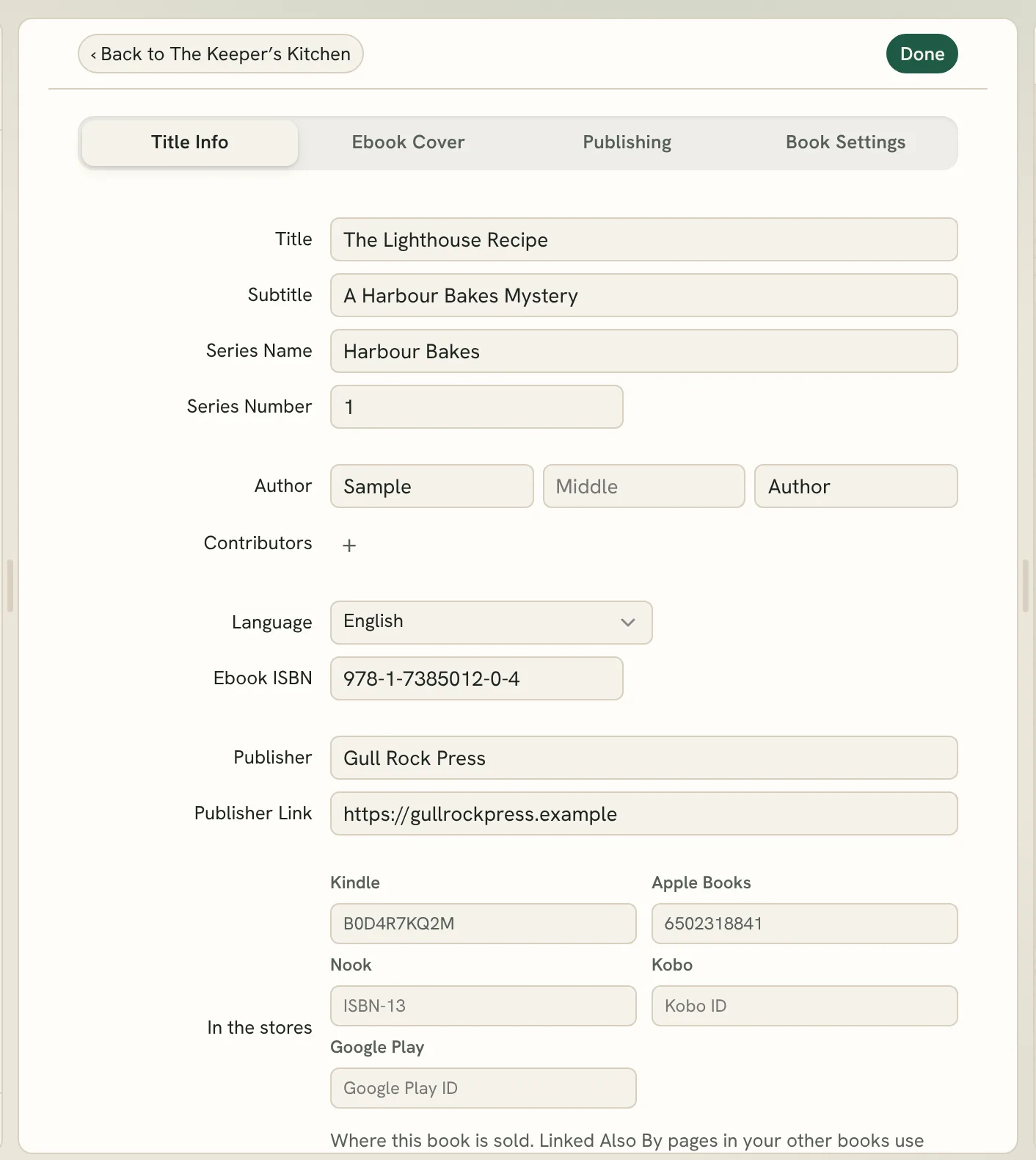 the Title Info tab with its fields filled in