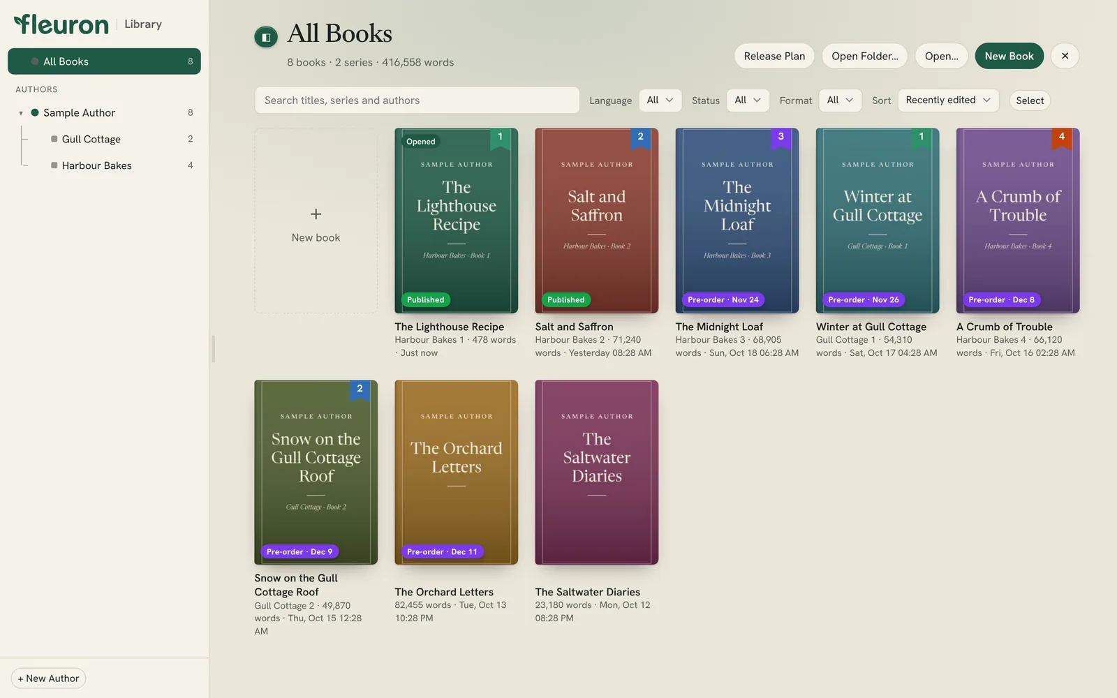 the Library window with book covers, the authors list on the left and the buttons at the top