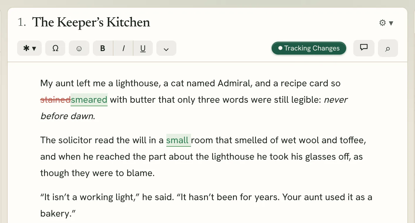 the editor with an added word in one colour and a deleted word struck through