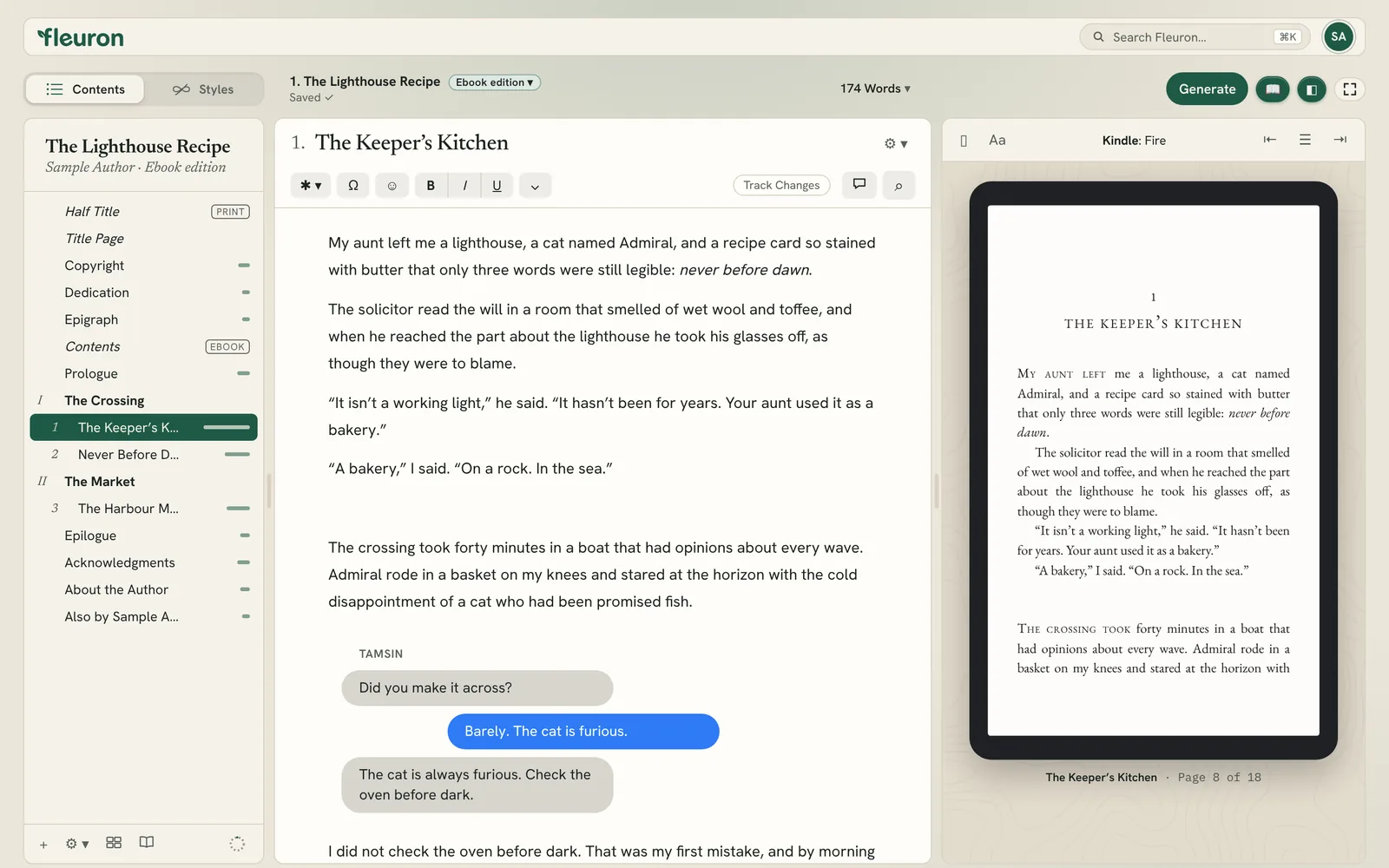 a newly imported book, with chapters in the sidebar, text in the middle and the Kindle preview on the right