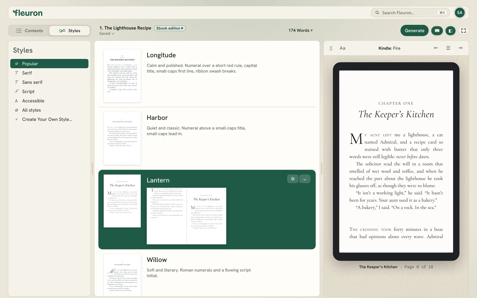 the style gallery with a style selected and the preview showing a chapter opening